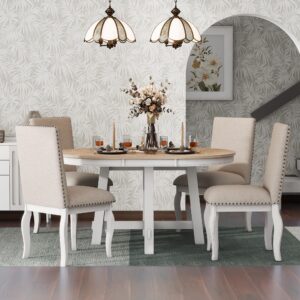 Harper & Bright Designs TREXM 5-Piece Farmhouse Dining Table Set Wood Round Extendable Dining Table and 4 Upholstered Dining Chairs (Oak Natural Wood + Antique White)