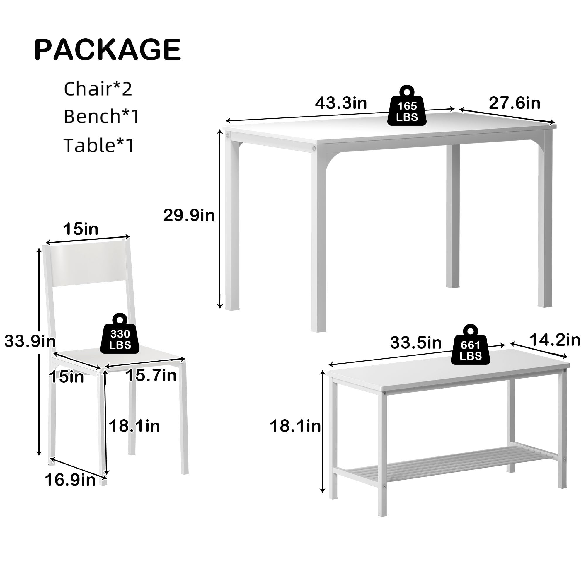 sogesfurniture 4 Piece Dining Table Set, Dinette Set Kitchen Table with Bench and Chairs, Kitchen Dinner Table with Benches for 4, Includes Table, 2 Chairs & Bench,White