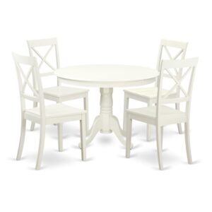 east west furniture hlbo5-lwh-w 5 piece dinette set for 4 includes a round dining room table with pedestal and 4 kitchen dining chairs, 42x42 inch, linen white