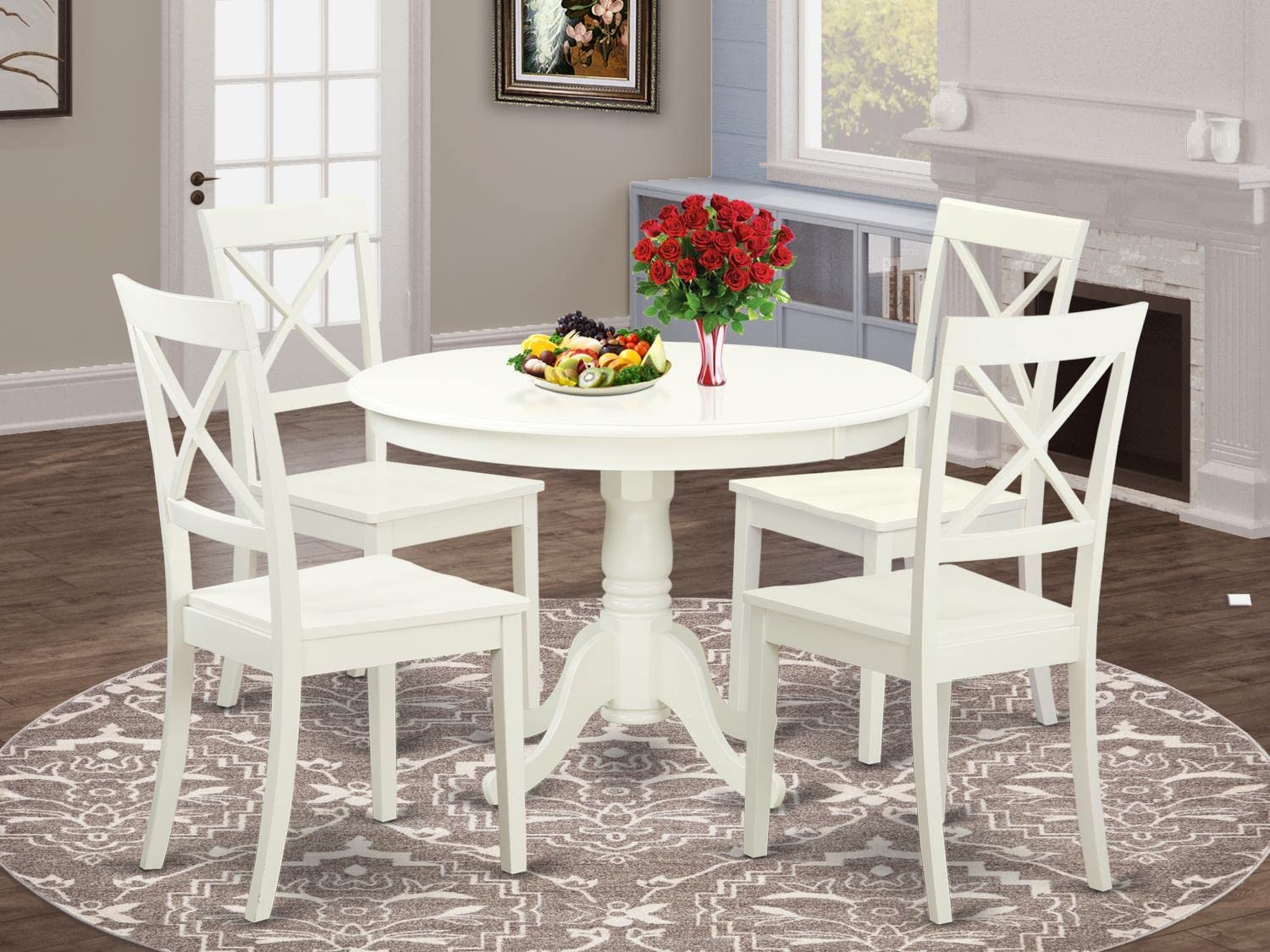 East West Furniture HLBO5-LWH-W 5 Piece Dinette Set for 4 Includes a Round Dining Room Table with Pedestal and 4 Kitchen Dining Chairs, 42x42 Inch, Linen White