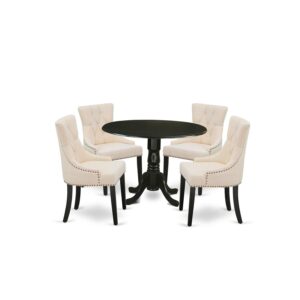 east west furniture dlfr5-blk-02 nook kitchen table set - 4 parson dining room chairs with light beige linen fabric seat and button tufted back - drop leaves pedestal kitchen table (black finish)