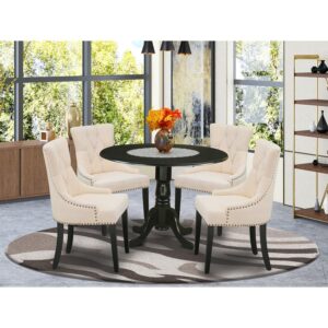 East West Furniture DLFR5-BLK-02 Nook Kitchen Table Set - 4 Parson Dining Room Chairs with Light Beige Linen Fabric Seat and Button tufted Back - Drop Leaves Pedestal Kitchen Table (Black Finish)