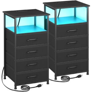 LOAKEKEL Nightstands Set of 2, Large End Tables Living Room, Bed Side Tables with Charging Station, 30" Tall Night Stand with 4 Fabric Drawers and LED Light Strip for Bedroom FBAHNS014BK