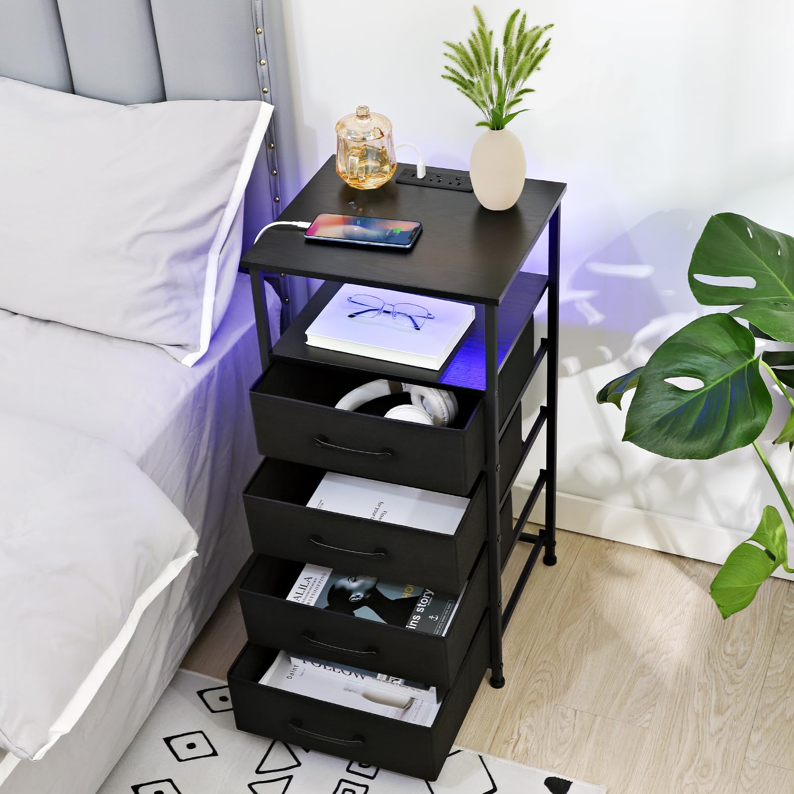 LOAKEKEL Nightstands Set of 2, Large End Tables Living Room, Bed Side Tables with Charging Station, 30" Tall Night Stand with 4 Fabric Drawers and LED Light Strip for Bedroom FBAHNS014BK