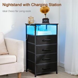 LOAKEKEL Nightstands Set of 2, Large End Tables Living Room, Bed Side Tables with Charging Station, 30" Tall Night Stand with 4 Fabric Drawers and LED Light Strip for Bedroom FBAHNS014BK