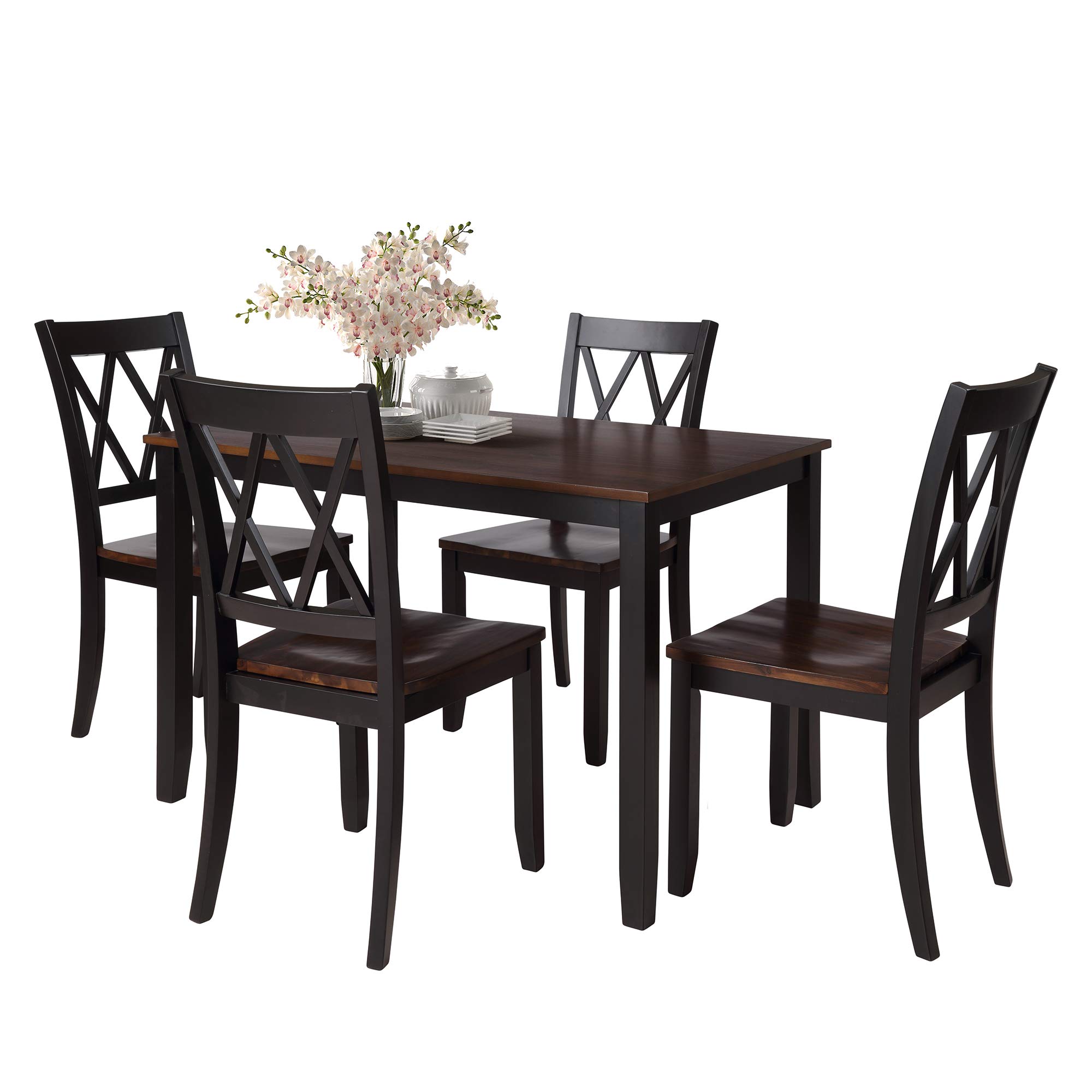 Merax 5-Piece Wooden Dining Room Set, Rectangular Wood Kitchen Table and 4 Chairs, Cherry+ Black