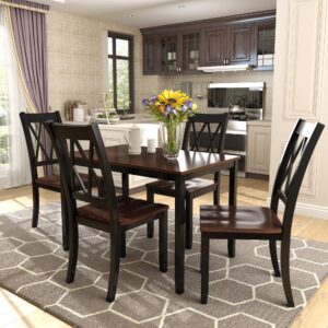 Merax 5-Piece Wooden Dining Room Set, Rectangular Wood Kitchen Table and 4 Chairs, Cherry+ Black