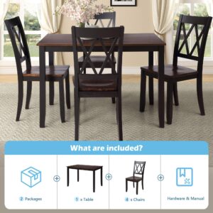 Merax 5-Piece Wooden Dining Room Set, Rectangular Wood Kitchen Table and 4 Chairs, Cherry+ Black