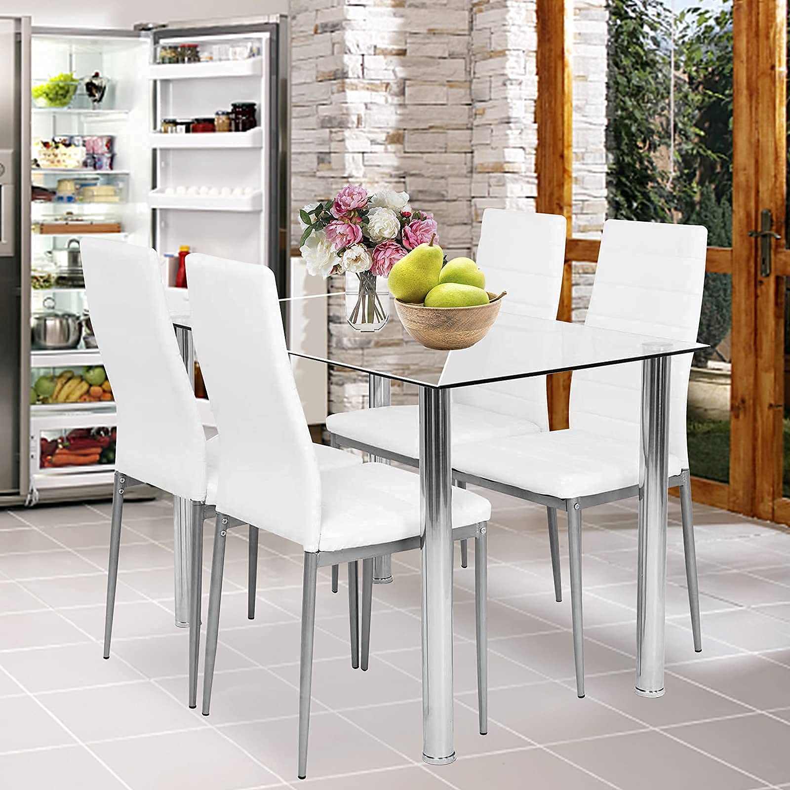 HomVent Dining Table Set for 4, Small Tempered Glass Dining Room Table Set, Kitchen Table and Chairs for Small Spaces, Transparent,White Modern 110cm, Stainless Steel PU Leather