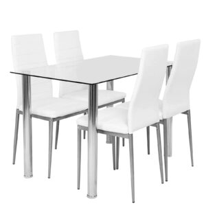 HomVent Dining Table Set for 4, Small Tempered Glass Dining Room Table Set, Kitchen Table and Chairs for Small Spaces, Transparent,White Modern 110cm, Stainless Steel PU Leather