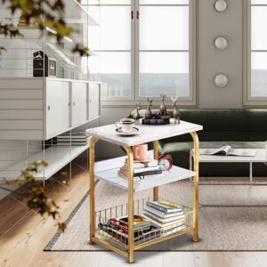 Garden 4 you End Table 2PC Side Table 3 Tiers White Marble Nightstand Industrial Retro Storage Shelf for Living Room Bedroom Kitchen Family and Office,Stable Wood and Metal Frame