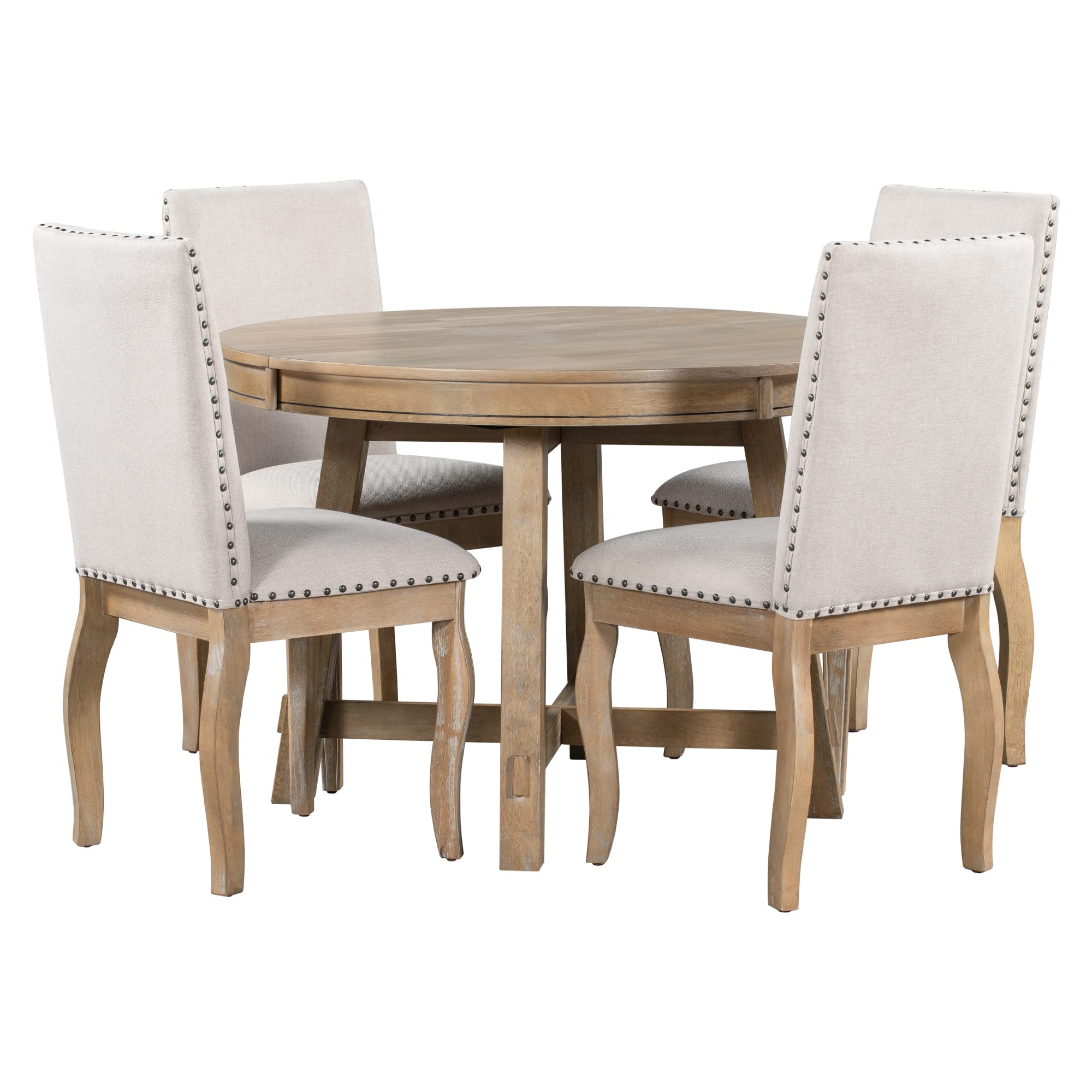 Harper & Bright Designs 5-Piece Farmhouse Extendable Round Dining Table and Upholstered Chair Set, Round Dining Table with Shelf, Wood Dining Table Set for Family Dining Area