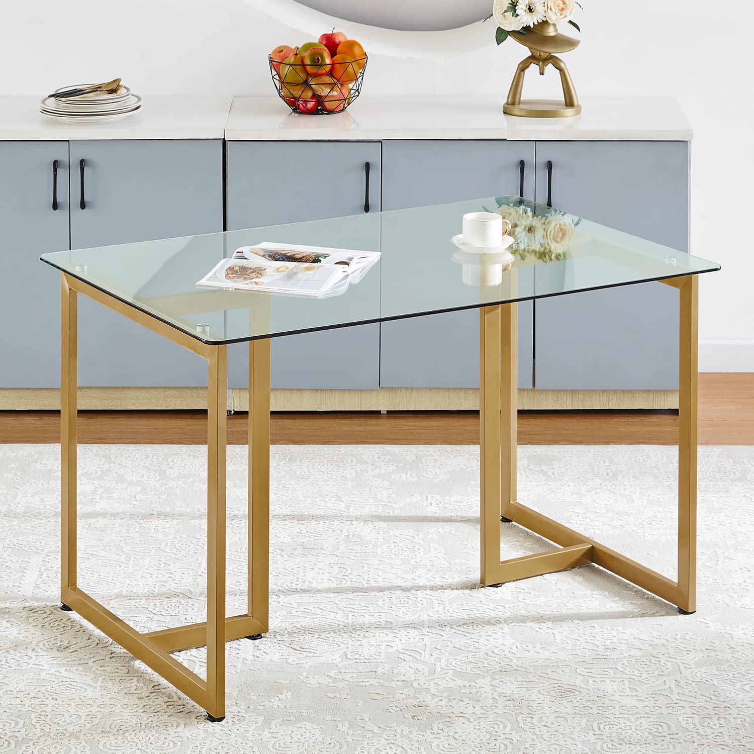 Glass Dining Table for 4 to 6 People, 47.2 Inches Modern Rectangular Dinner Table with Clear Tempered Glass Top & Golden Steel Legs for Home Office Kitchen Dining Room