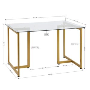 Glass Dining Table for 4 to 6 People, 47.2 Inches Modern Rectangular Dinner Table with Clear Tempered Glass Top & Golden Steel Legs for Home Office Kitchen Dining Room