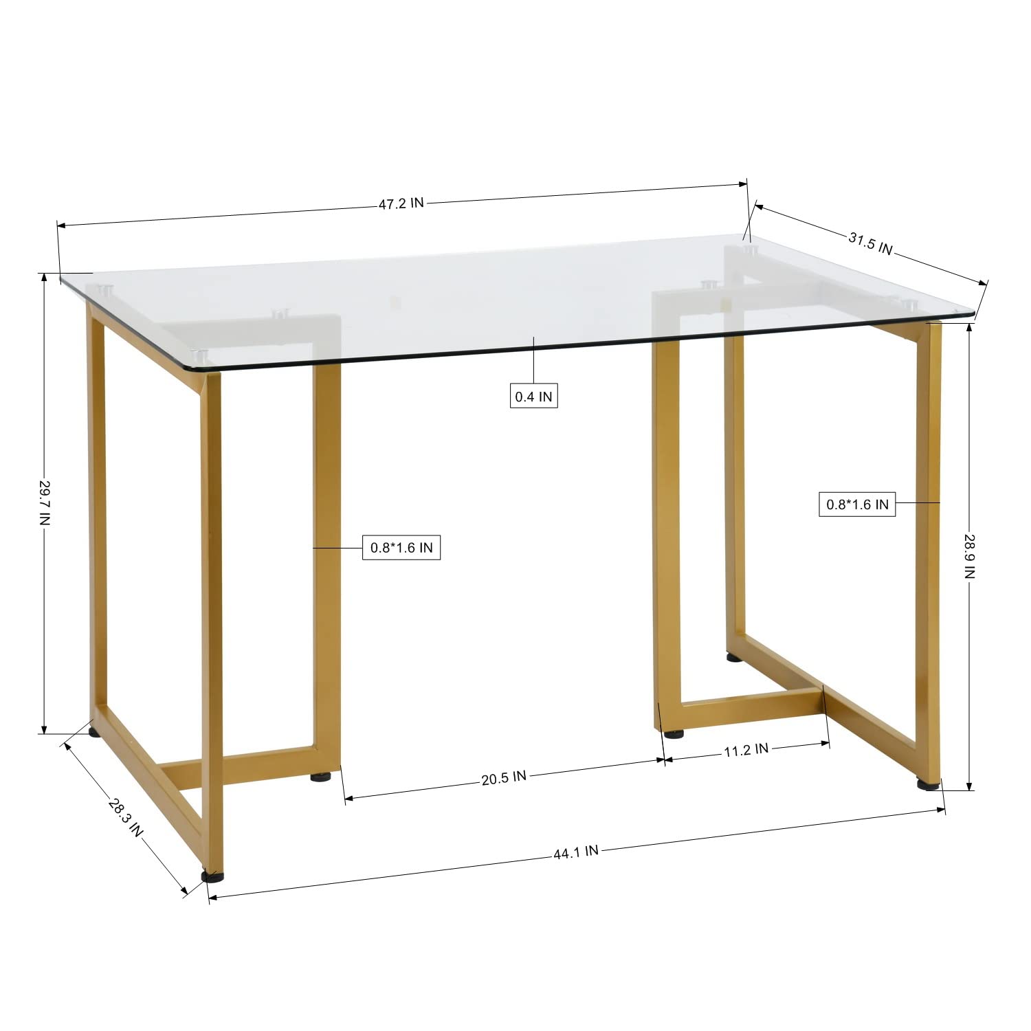 Glass Dining Table for 4 to 6 People, 47.2 Inches Modern Rectangular Dinner Table with Clear Tempered Glass Top & Golden Steel Legs for Home Office Kitchen Dining Room