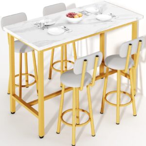 Recaceik Dining Table Set, 43.3” Rectangle Pub Bistro Dining Set Kitchen Table Set Bar Table with Backrest Stools, 5-Piece Breakfast Table Set with Metal Frame for Dining Room w/ 4 Chairs-Gold