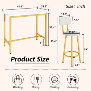 Recaceik Dining Table Set, 43.3” Rectangle Pub Bistro Dining Set Kitchen Table Set Bar Table with Backrest Stools, 5-Piece Breakfast Table Set with Metal Frame for Dining Room w/ 4 Chairs-Gold