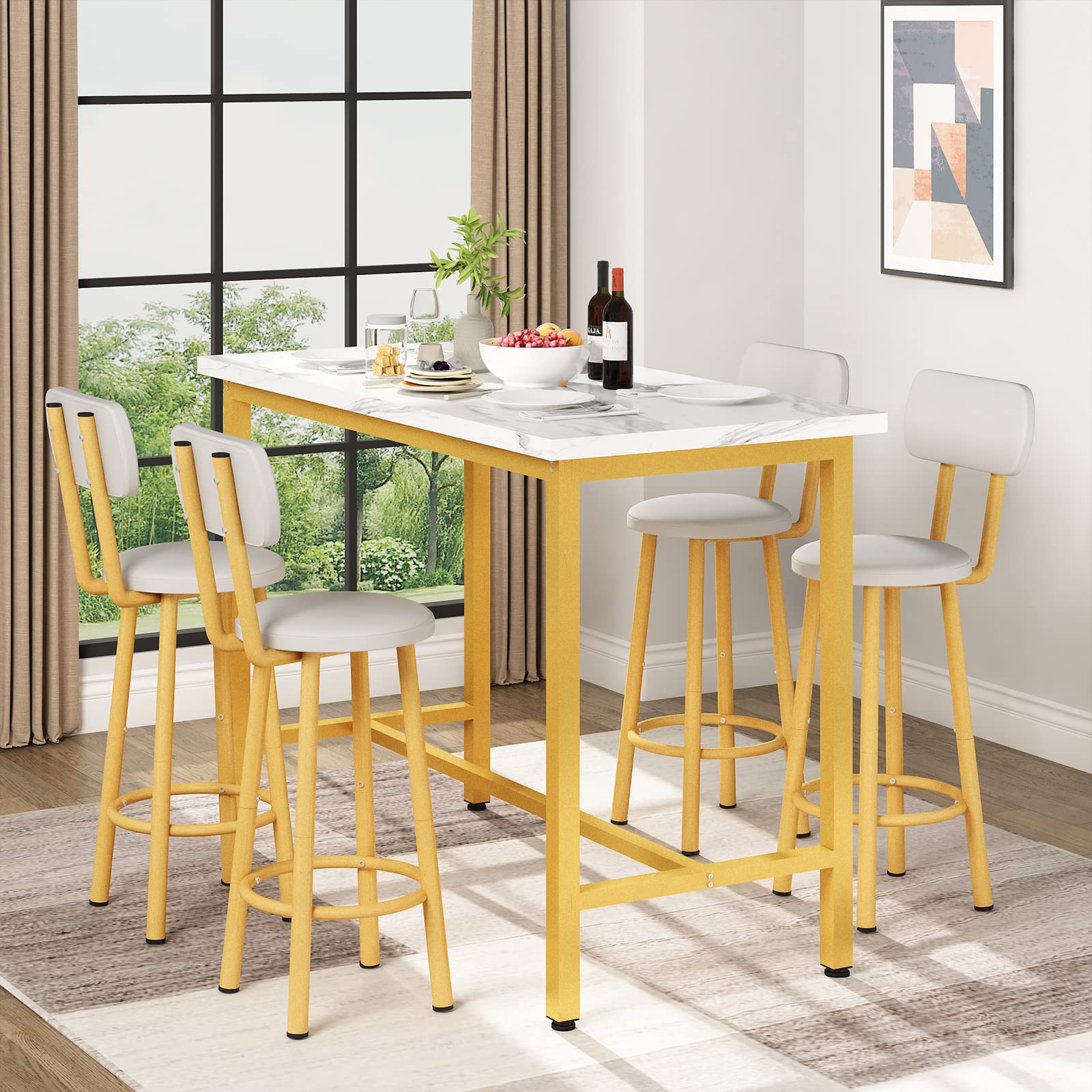 Recaceik Dining Table Set, 43.3” Rectangle Pub Bistro Dining Set Kitchen Table Set Bar Table with Backrest Stools, 5-Piece Breakfast Table Set with Metal Frame for Dining Room w/ 4 Chairs-Gold