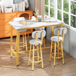 Recaceik Dining Table Set, 43.3” Rectangle Pub Bistro Dining Set Kitchen Table Set Bar Table with Backrest Stools, 5-Piece Breakfast Table Set with Metal Frame for Dining Room w/ 4 Chairs-Gold