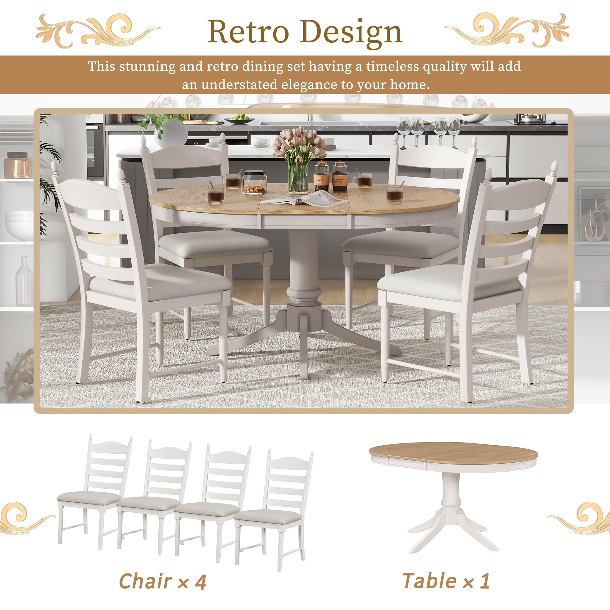 LUMISOL 5 Piece Round Extendable Dining Room Table Set with Chairs for Small Space of 4-6 Persons, Solid Wood Round Kitchen Dining Furniture Table Set with Upholstered Chairs, Farmhouse Dining Set