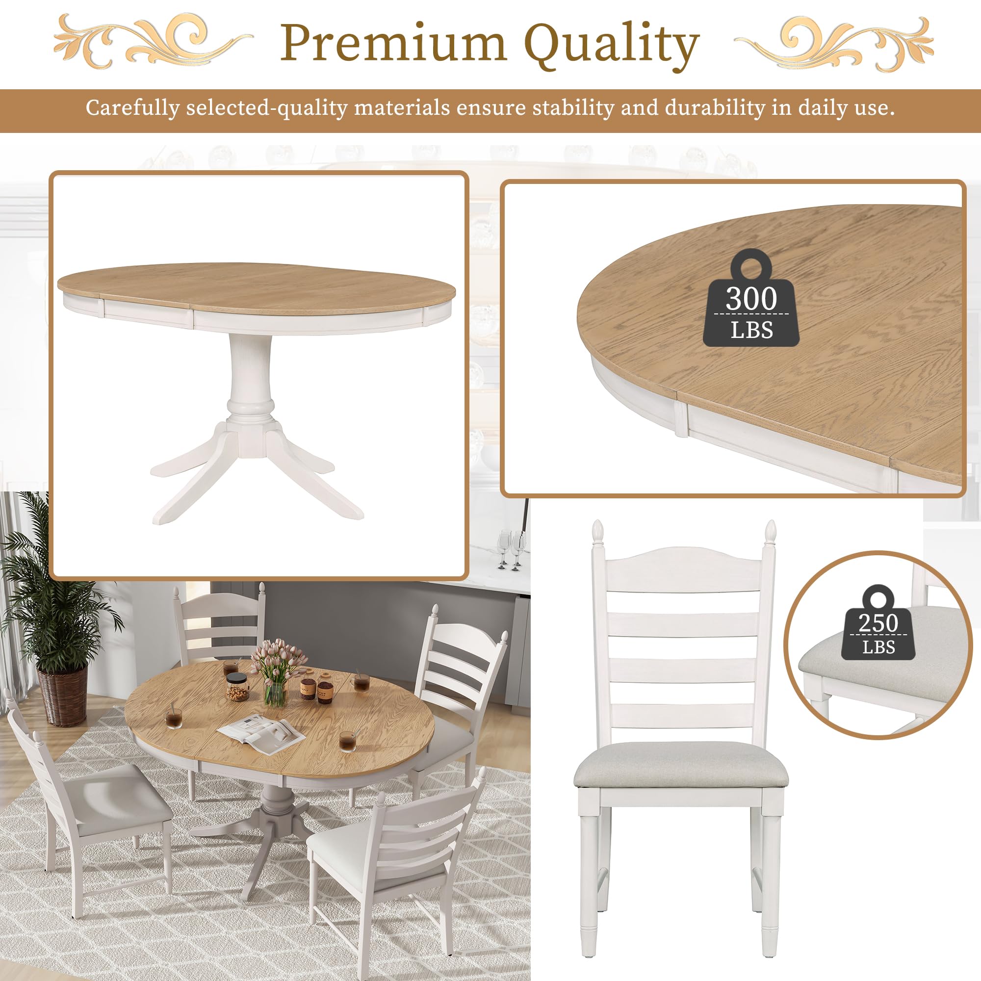 LUMISOL 5 Piece Round Extendable Dining Room Table Set with Chairs for Small Space of 4-6 Persons, Solid Wood Round Kitchen Dining Furniture Table Set with Upholstered Chairs, Farmhouse Dining Set