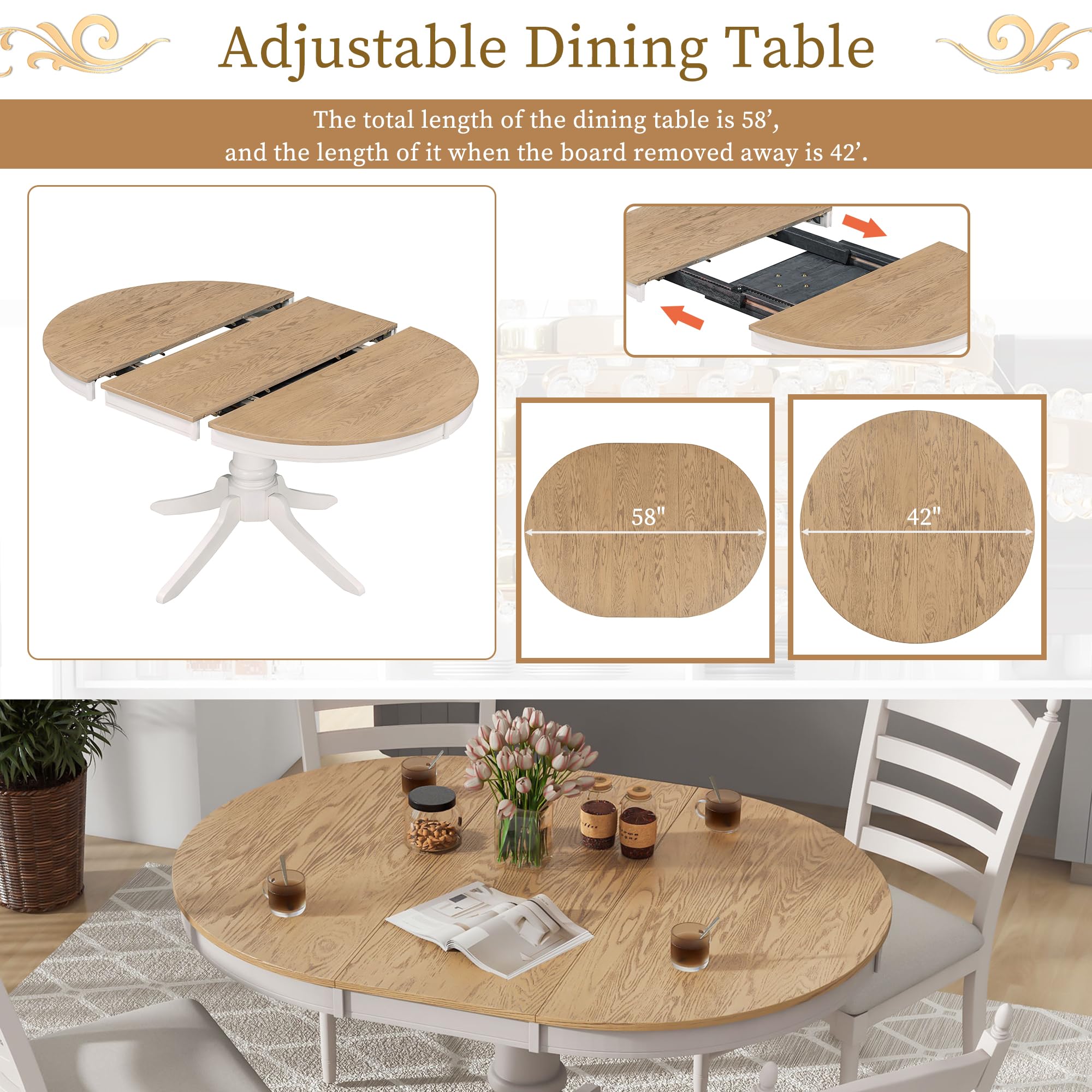 LUMISOL 5 Piece Round Extendable Dining Room Table Set with Chairs for Small Space of 4-6 Persons, Solid Wood Round Kitchen Dining Furniture Table Set with Upholstered Chairs, Farmhouse Dining Set