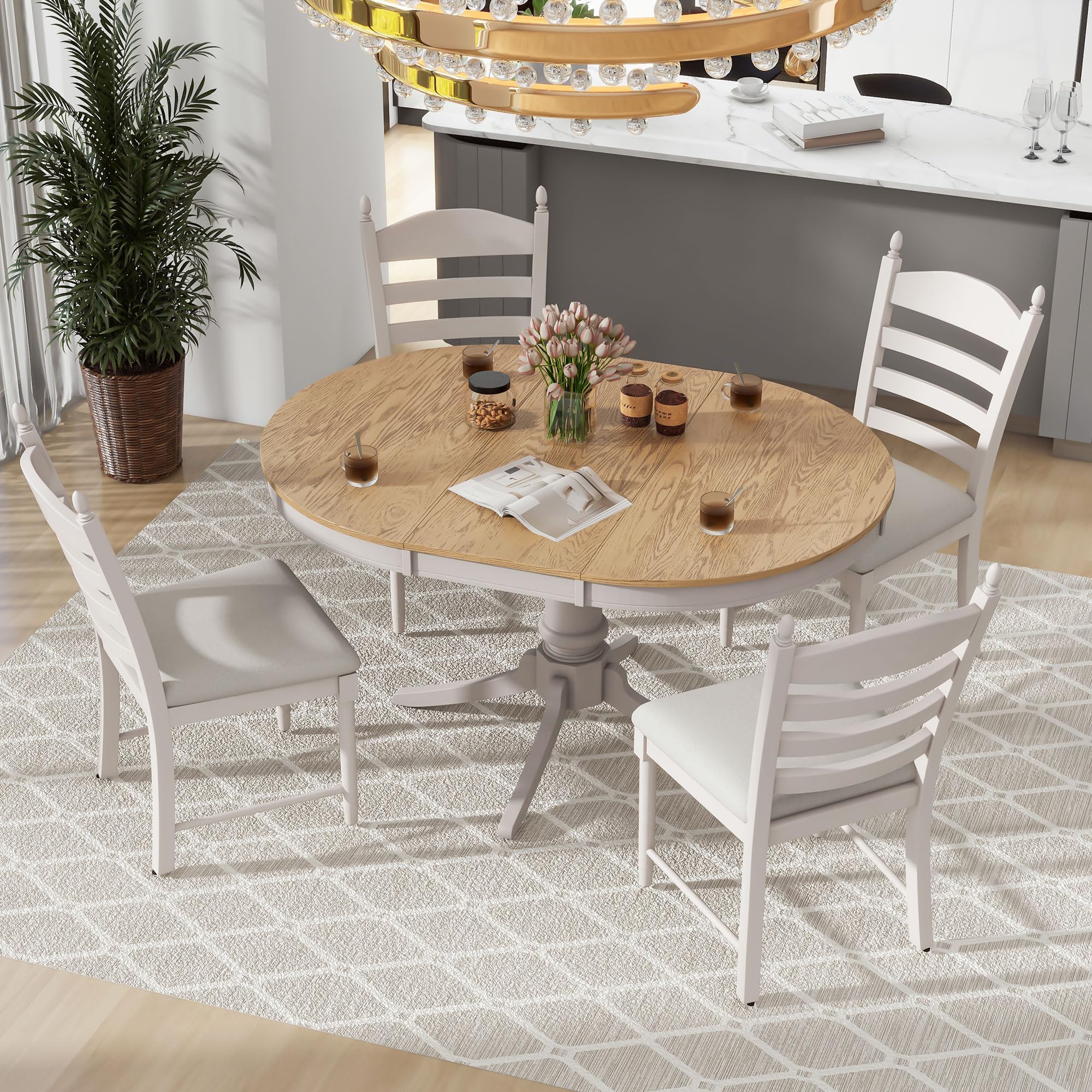 LUMISOL 5 Piece Round Extendable Dining Room Table Set with Chairs for Small Space of 4-6 Persons, Solid Wood Round Kitchen Dining Furniture Table Set with Upholstered Chairs, Farmhouse Dining Set