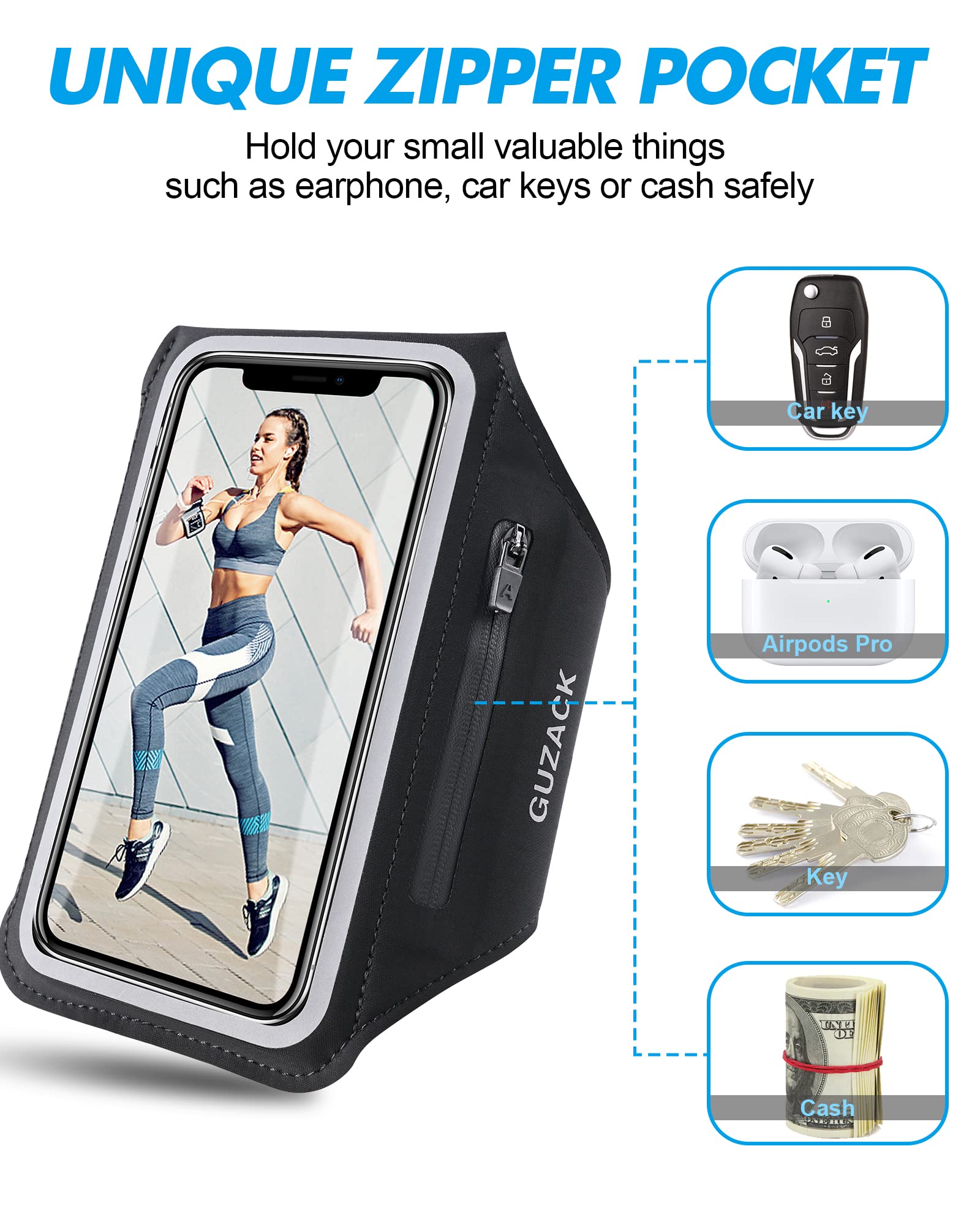 Phone Holder Running Armband for iPhone 15 14 13 12 Pro Max/Plus, with Zipper Pouch for Earphone Key & Card Slot, Gym Running Workouts Exercise Phone Arm Band for Android Samsung for 6.8" Phones