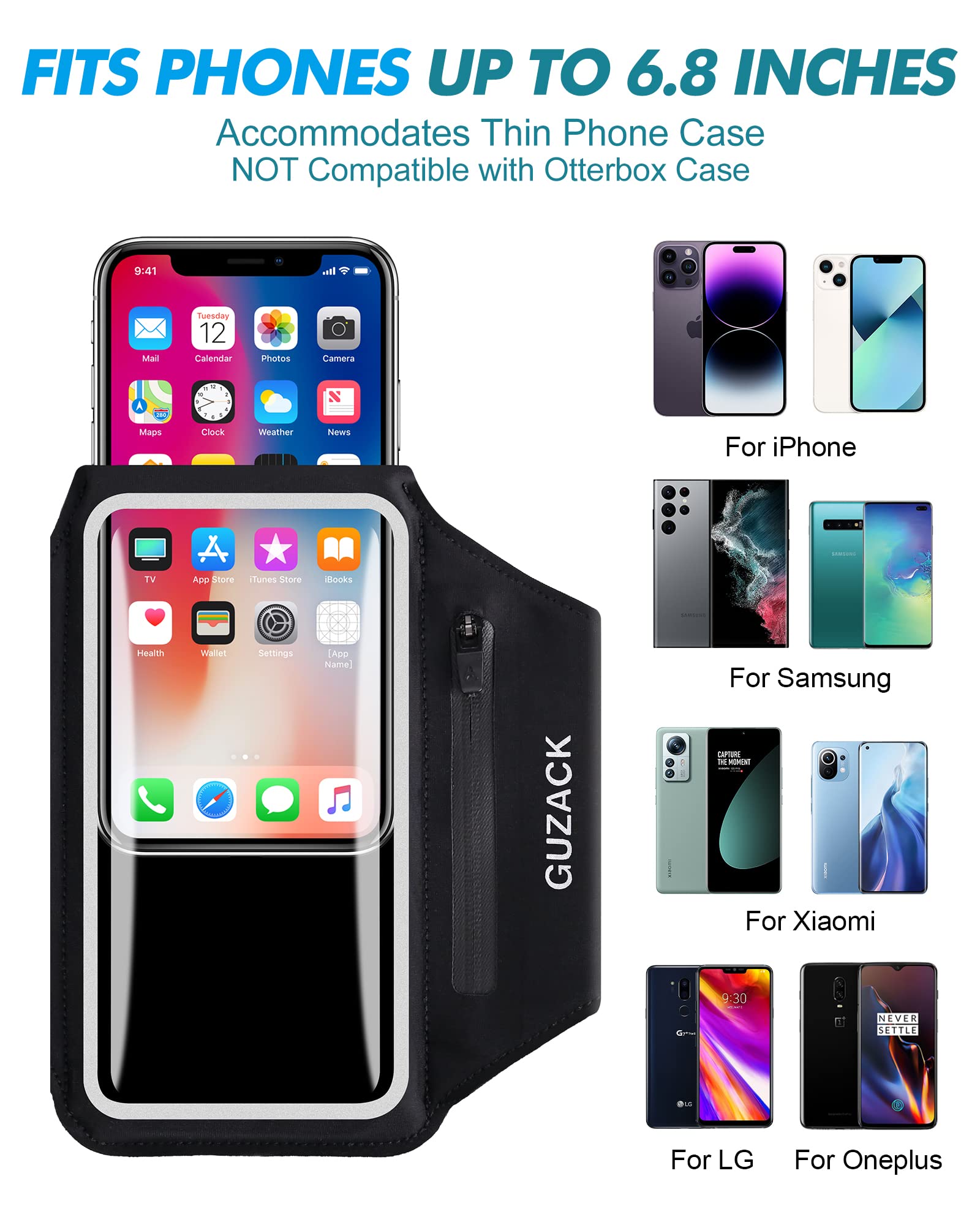 Phone Holder Running Armband for iPhone 15 14 13 12 Pro Max/Plus, with Zipper Pouch for Earphone Key & Card Slot, Gym Running Workouts Exercise Phone Arm Band for Android Samsung for 6.8" Phones