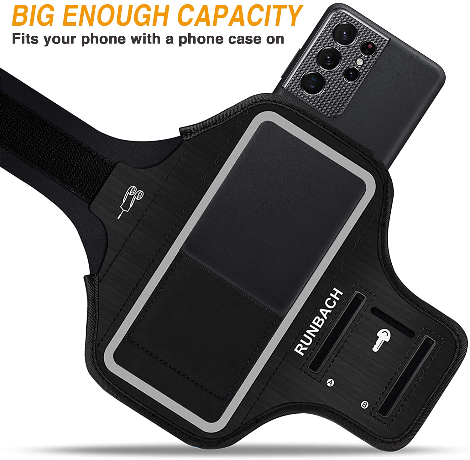 Runbach Water Resistant Running Armband for Samsung Galaxy S24 Ultra/S23 Ultra/S22 Ultra/S21+ 5G/S21 Ultra/S20 Ultra/Note 20 Ultra,Galaxy F62/M62/M51/M12/M02/A90/A71/A70/A42/A32/A21/A12/A02(Black)