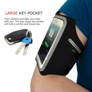 RevereSport Waterproof iPhone 15/14/13/12 Running Armband with Extra Pockets for Keys, Cash and Credit Cards. Phone Arm Holder for Sports, Gym Workouts and Exercise