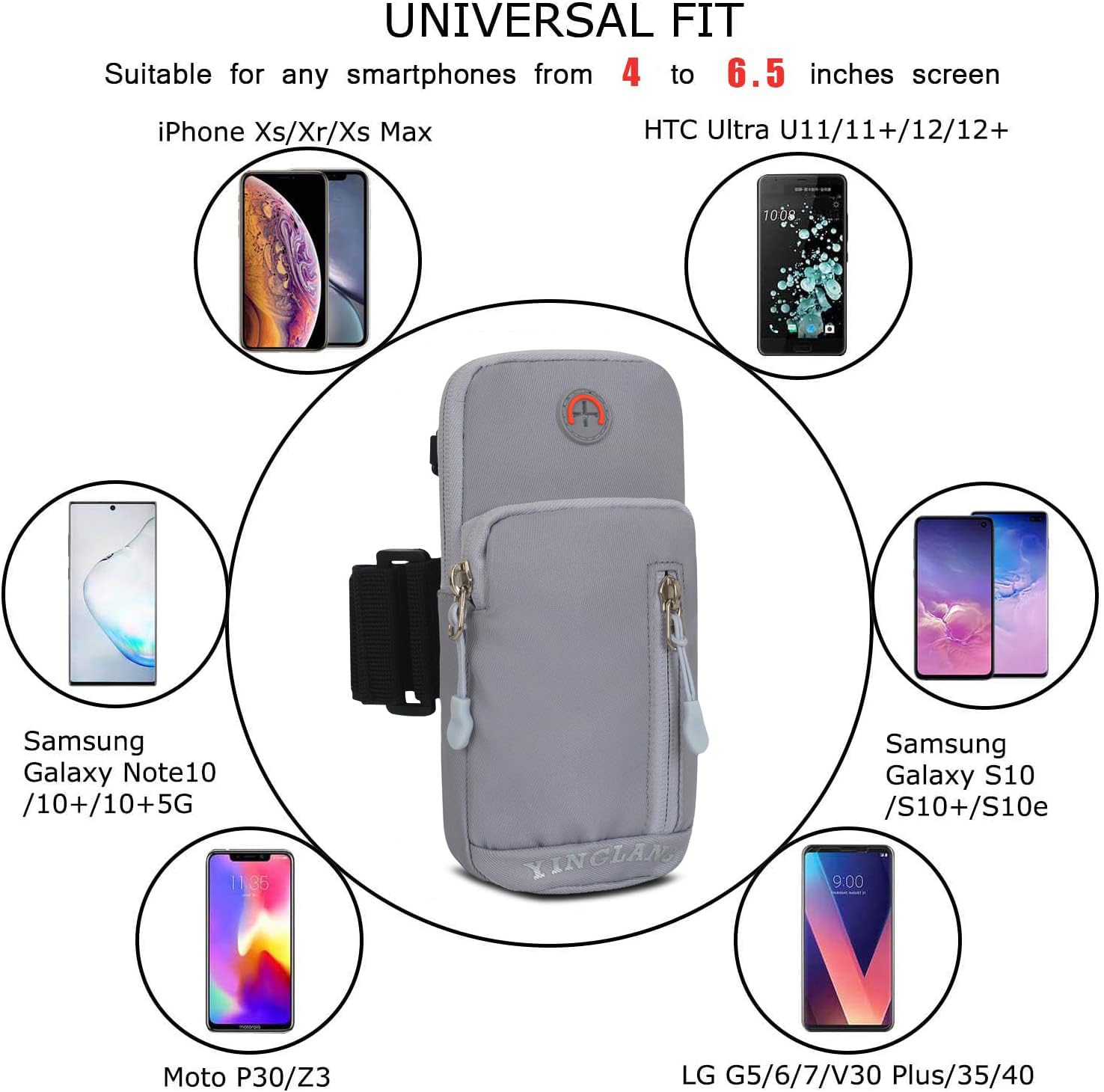 eYistar Sport Running Armband Wristband Cell Phone Holder Pouch Case Crossbody Purse Arm Bag for iPhone 13 12 Pro Max Samsung Galaxy S21 FE S20 S22 Ultra Note 10+ Plus A03S A12 Google Pixel 6 (Grey)