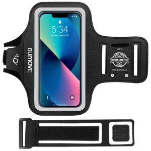 iPhone 15 Pro, 14 Pro, 15, 14 Armband, BUMOVE Gym Running Workouts Sports Phone Arm Band for iPhone 15 14 13 12 11 Pro with Card Holder (Black)