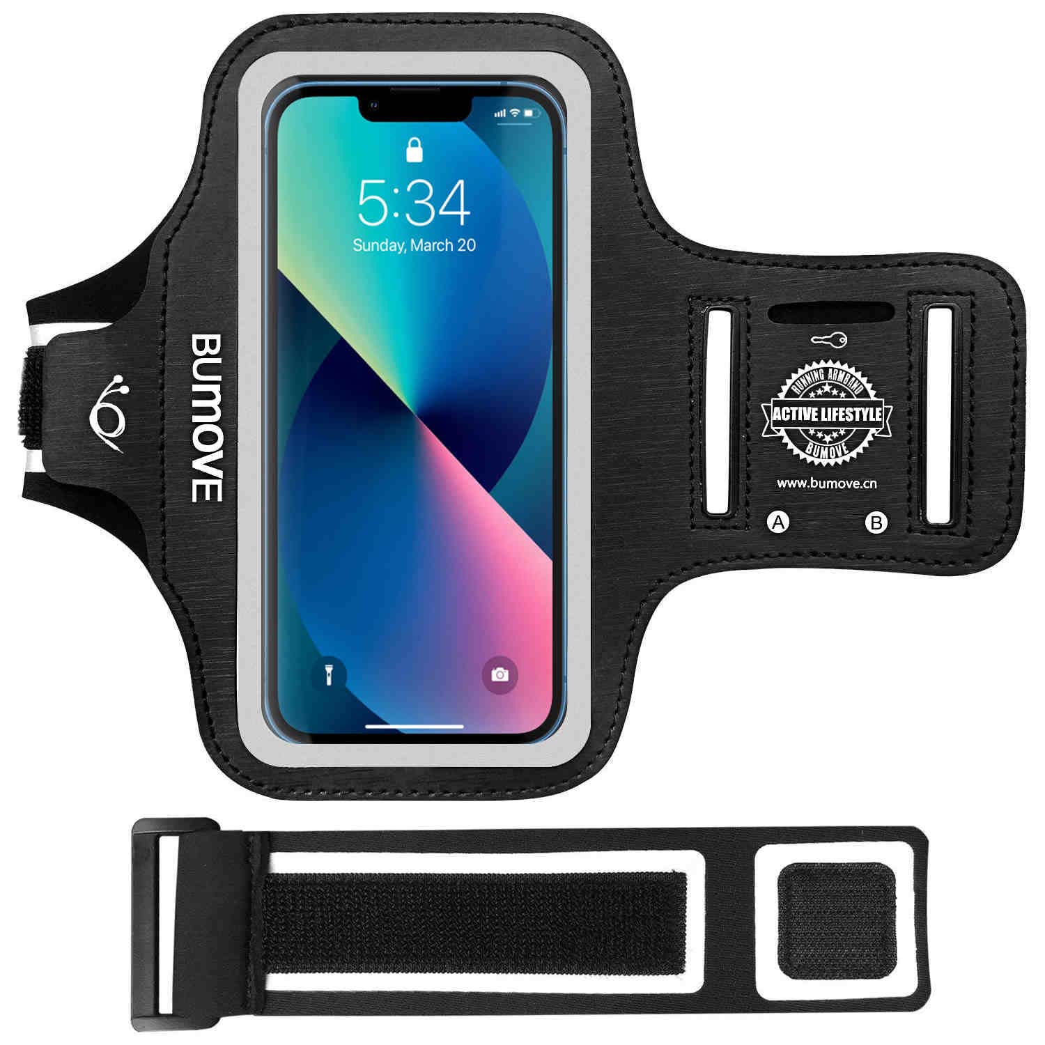 iPhone 15 Pro, 14 Pro, 15, 14 Armband, BUMOVE Gym Running Workouts Sports Phone Arm Band for iPhone 15 14 13 12 11 Pro with Card Holder (Black)