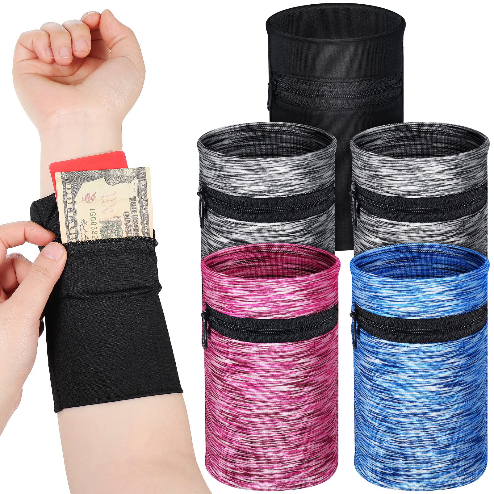 5 Pieces Wrist Wallet Phone Armband Sleeve Running Wallet Wristband Wallets for Women Men Sports Wrist Pouch with Zipper for Phone Running Walking Hiking Jogging Travel Fishing
