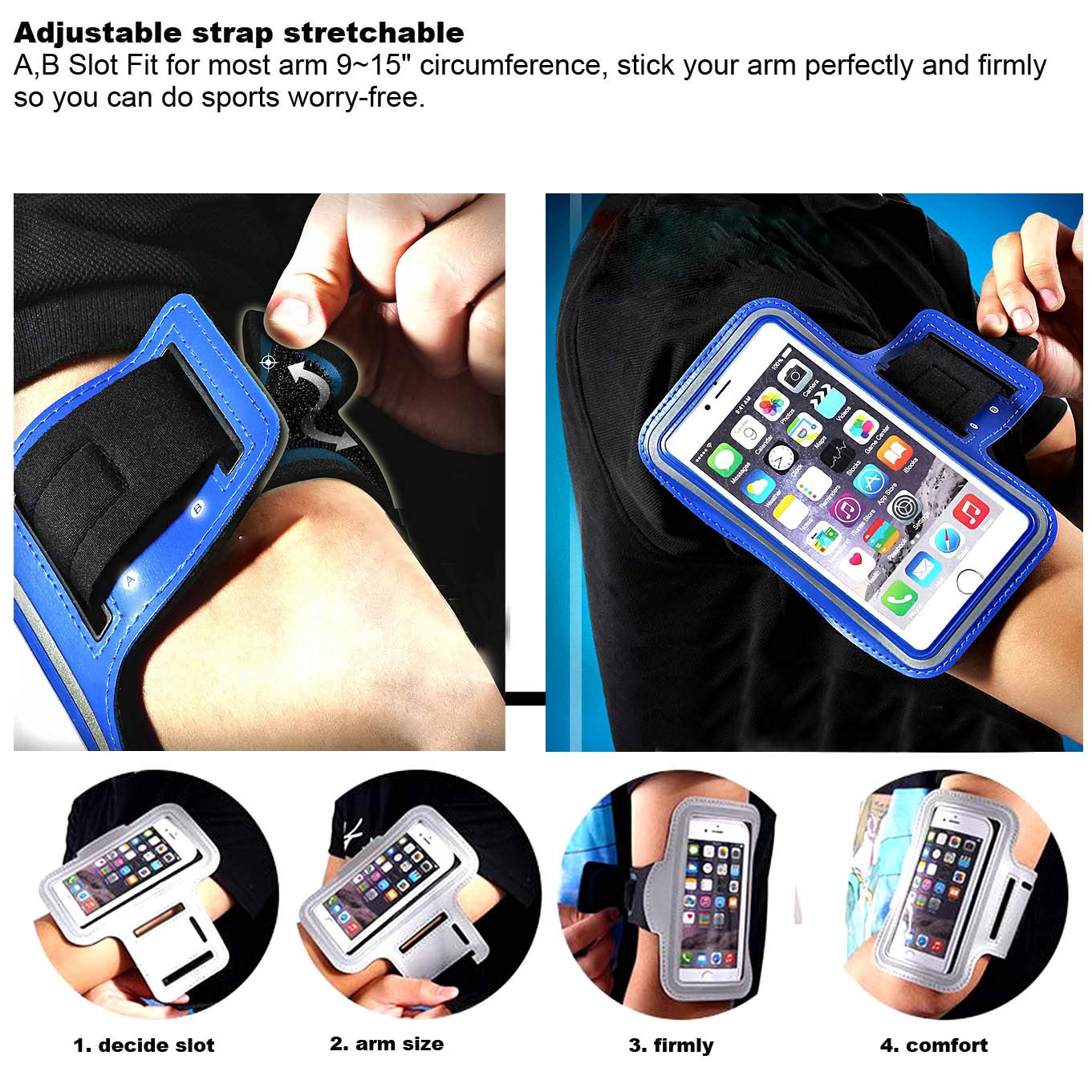 2Pack Phone Armband Sleeve Best Running Sports Arm Band Strap Holder Pouch Case Gifts Exercise Workout Fits iPhone 6 6S 7 8 X XR XS MAX Plus iPod Android, Galaxy S8 S9 Note 5 9 Edge-Black+SkyBlue