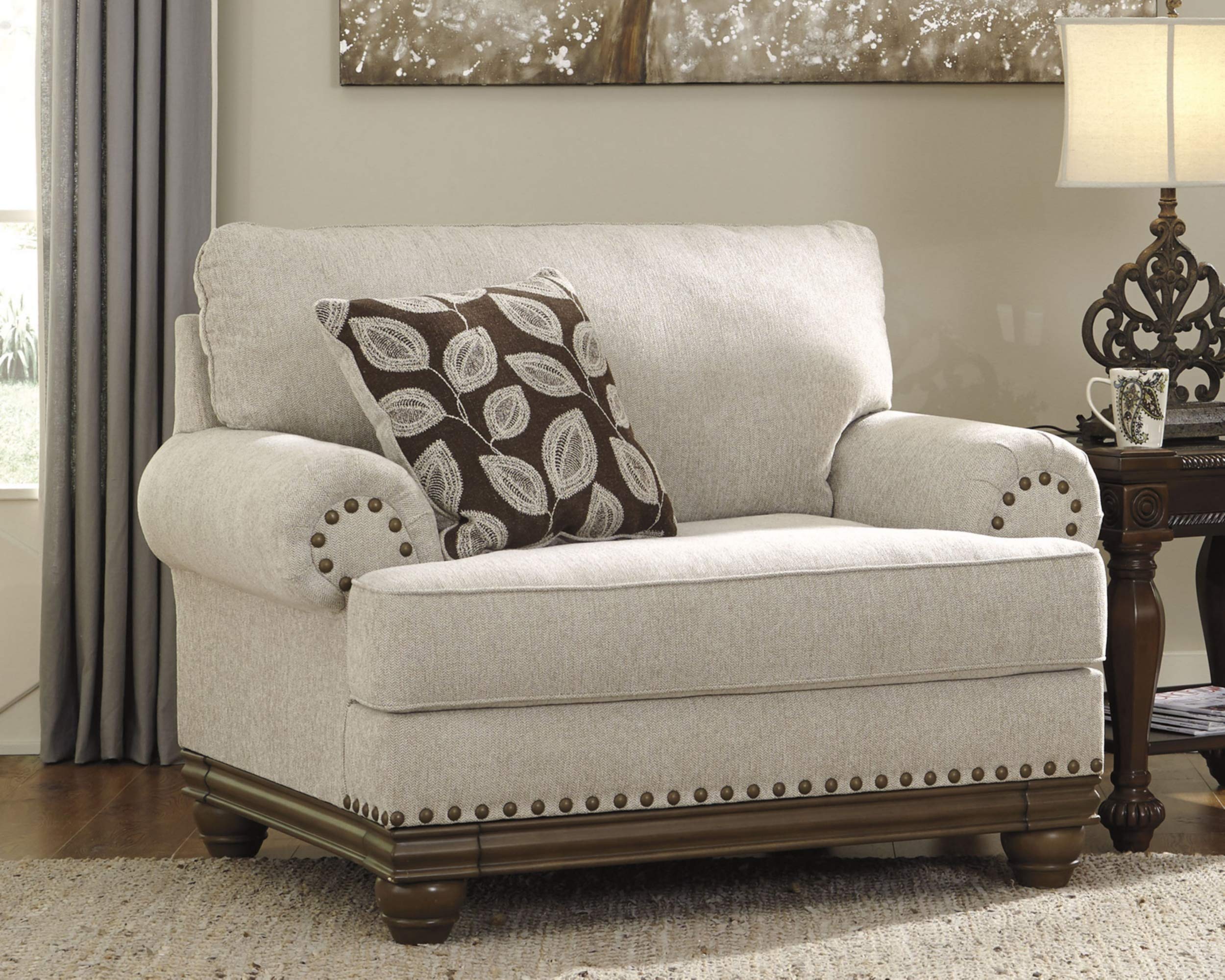 Signature Design by Ashley Harleson Modern Farmhouse Chair and a Half with Nailhead Trim and Accent Pillow, Beige