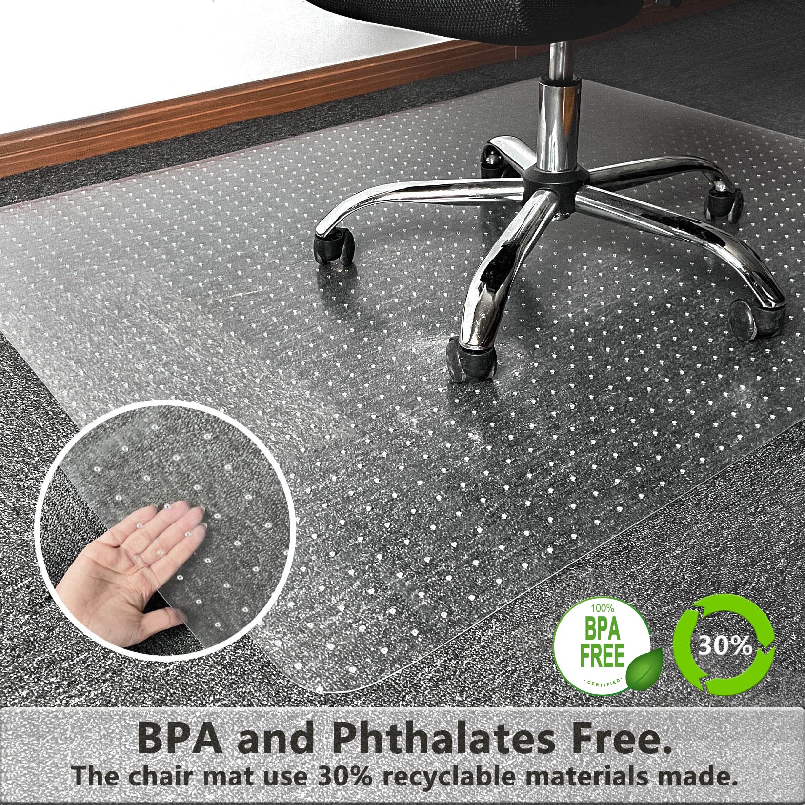 Naturehydro Office Chair Mat for Carpeted Floors - 48" x 48" Plastic Floor Mat for Low Pile Carpet, Easy Glide Rolling Computer Desk Chair Mat, BPA and Phthalates Free (Square)