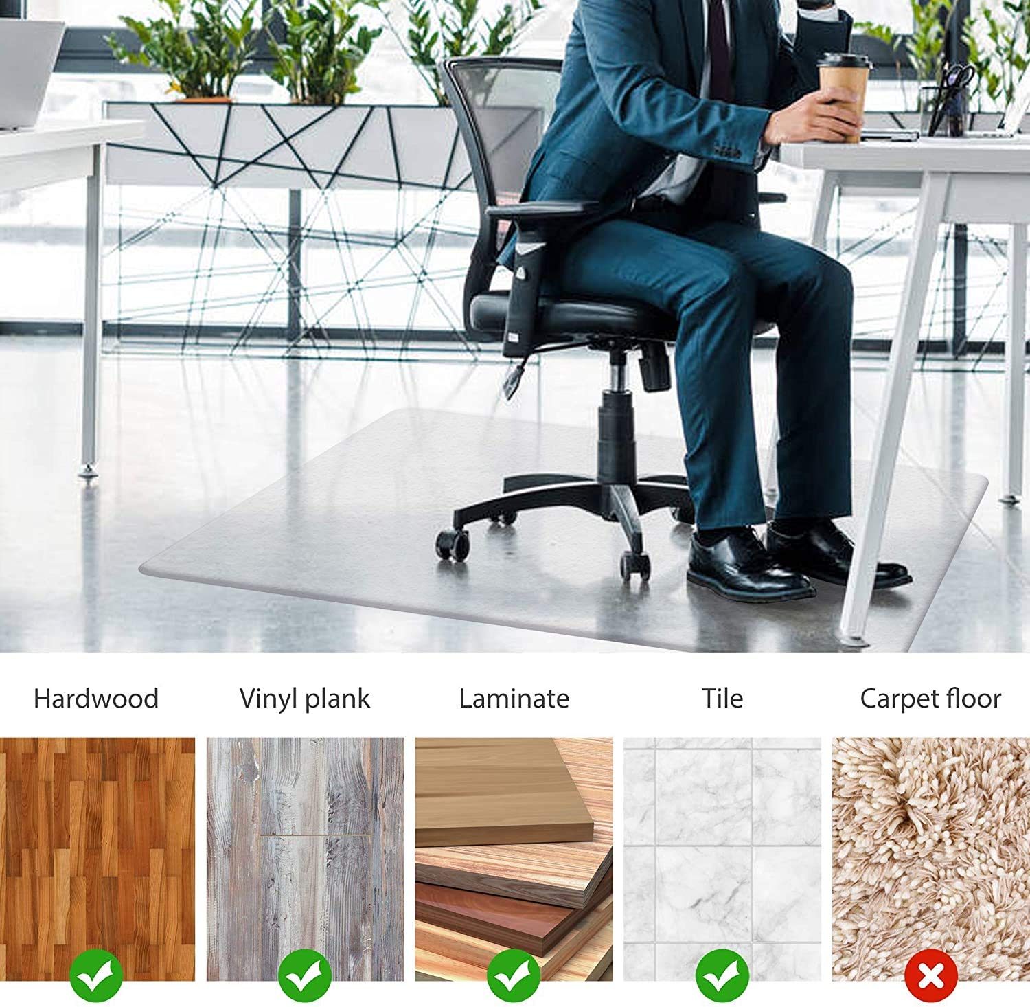 Large Office Chair Mat for Hardwood Floors - 48"×60" Anti-Slip Desk Chair Mat - Heavy Duty Floor Protector for Home or Office - Easy Clean and Flat Without Curling