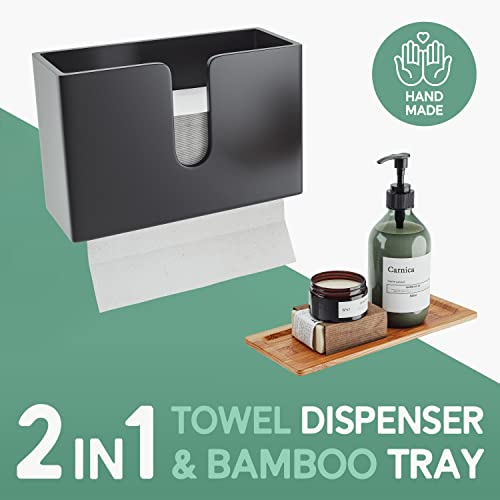 Bamboo Paper Towel Dispenser with Removable Top Tray for Bathroom and Kitchen - Wall Mount and Countertop Multifold Paper Towel, C-Fold, Zfold, Tri fold Hand Towel Holder Commercial (Black)