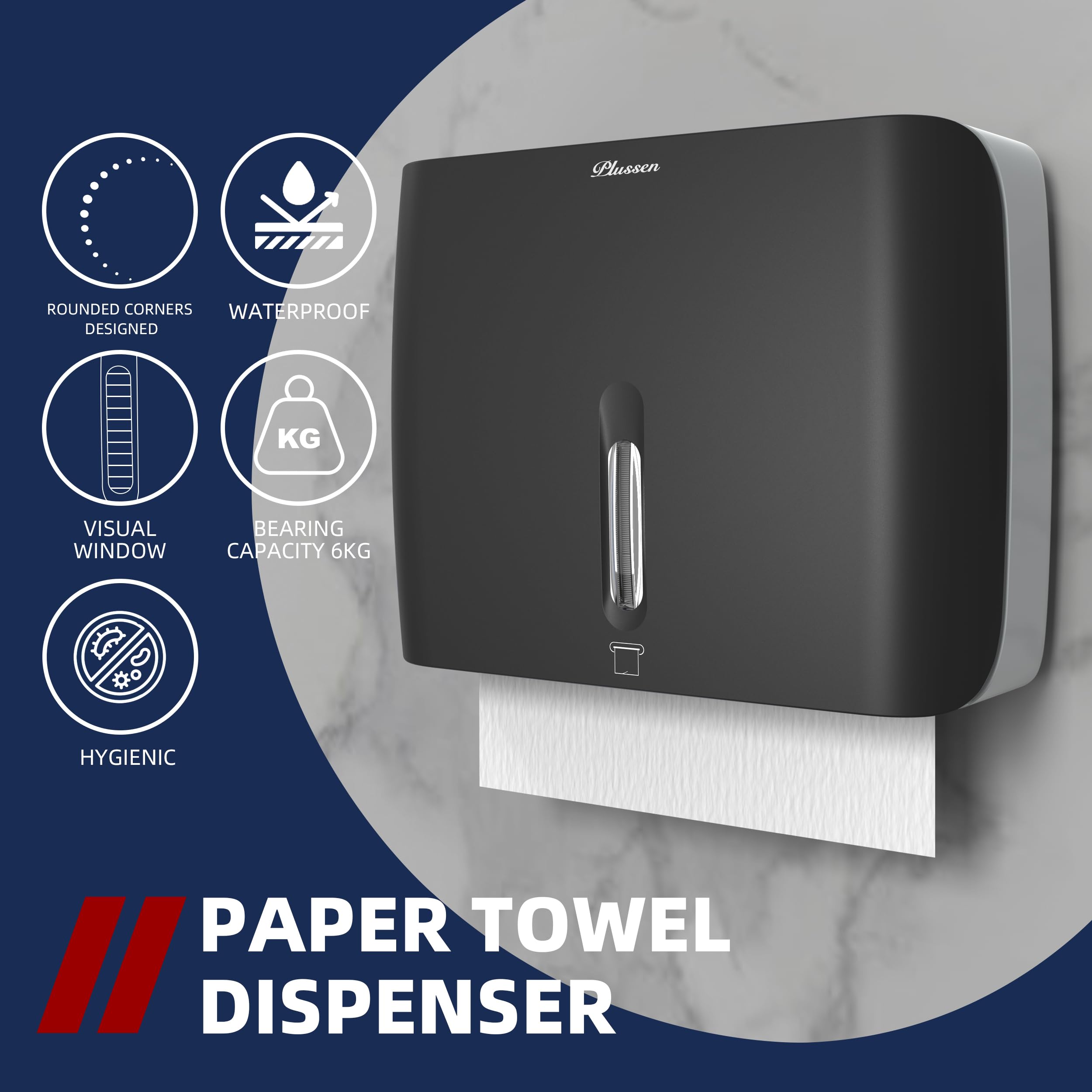 PLUSSEN Paper Towel Dispenser Wall Mount Commercial with Key Lock Compact Multifold Paper Towels Dispenser Wall Mount Folded Hand Towel Dispenser Holder for Bathroom Office Kitchen (Black)