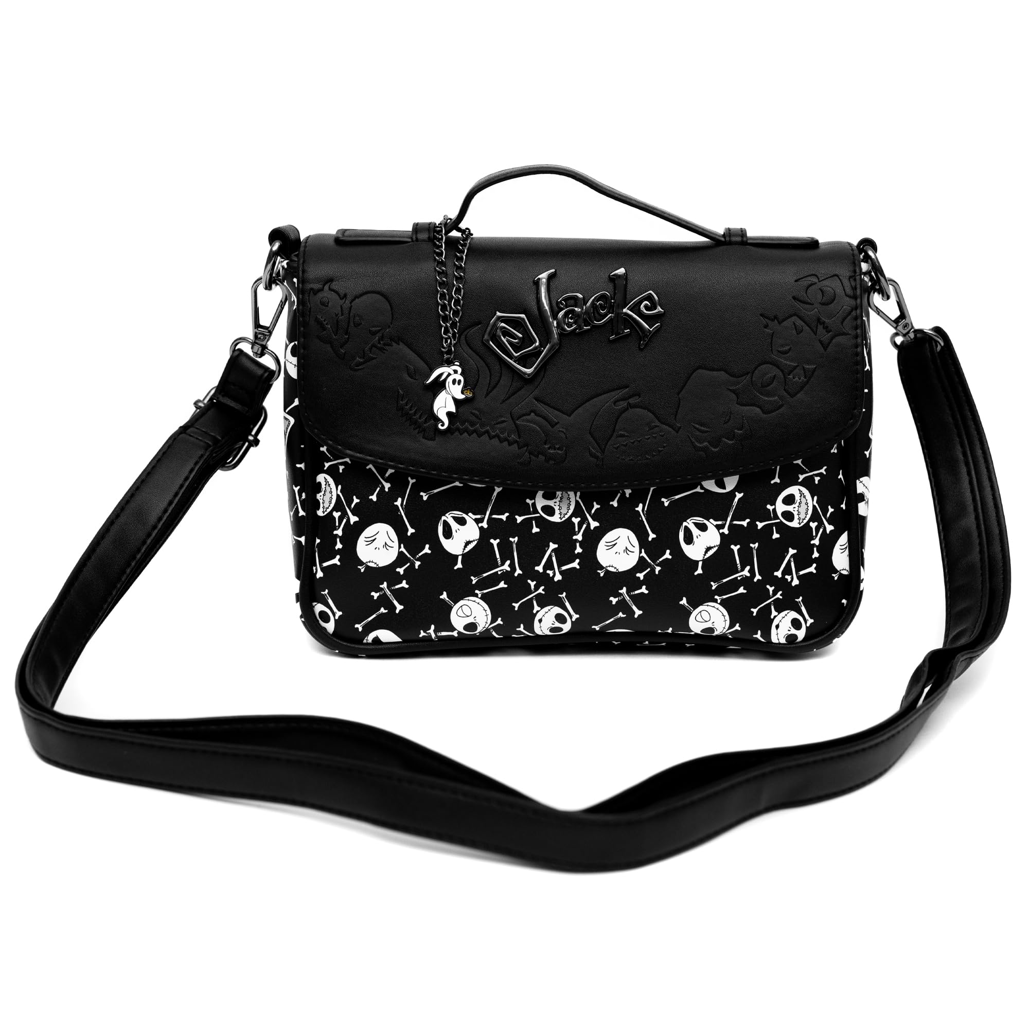 Disney Bag, Fold Over Crossbody, Nightmare Before Christmas Jack Faces and Bones Black White, Vegan Leather