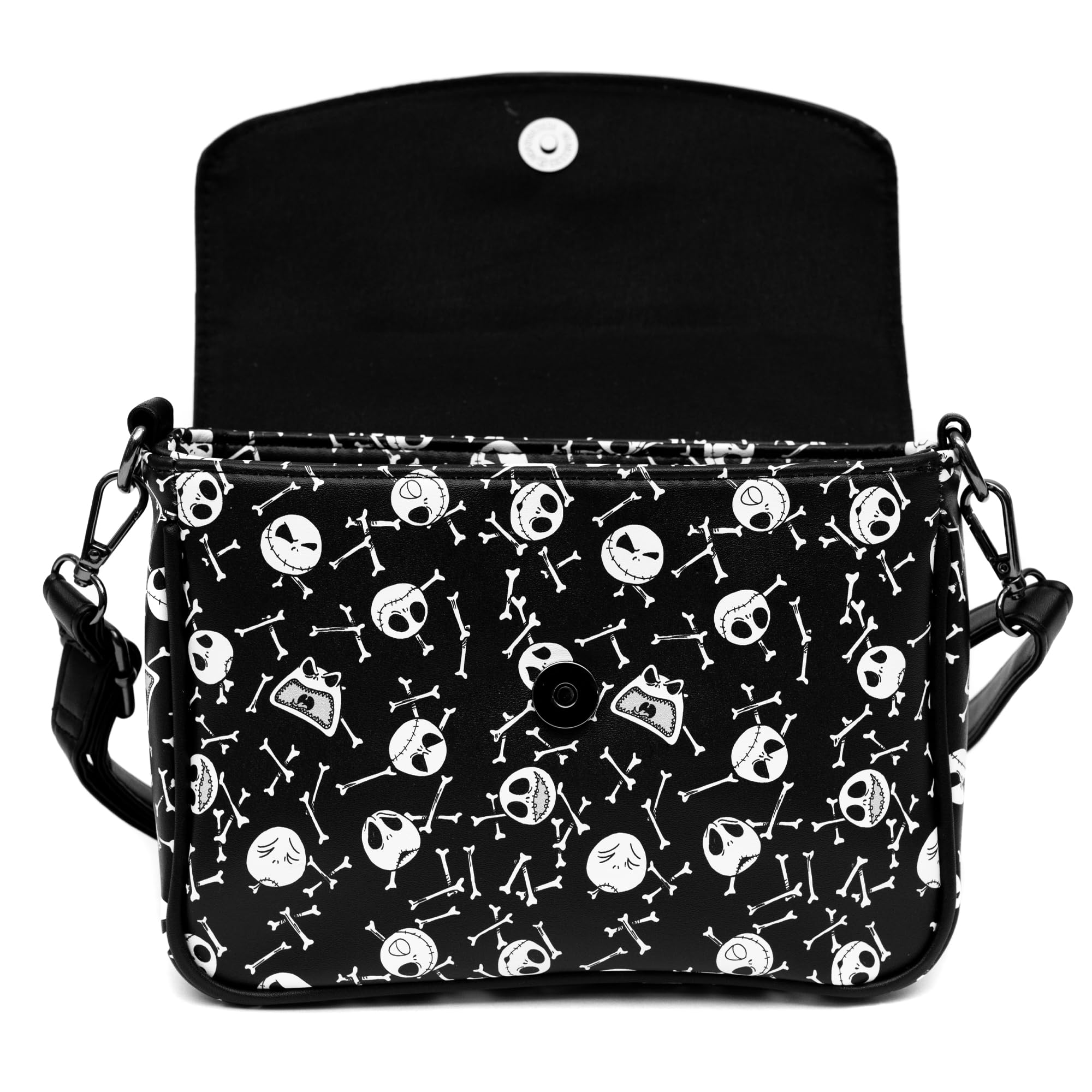 Disney Bag, Fold Over Crossbody, Nightmare Before Christmas Jack Faces and Bones Black White, Vegan Leather