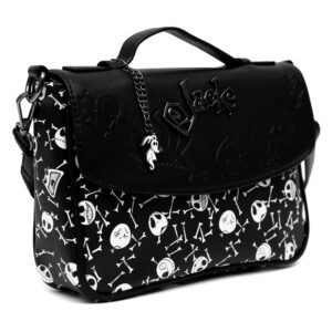 Disney Bag, Fold Over Crossbody, Nightmare Before Christmas Jack Faces and Bones Black White, Vegan Leather