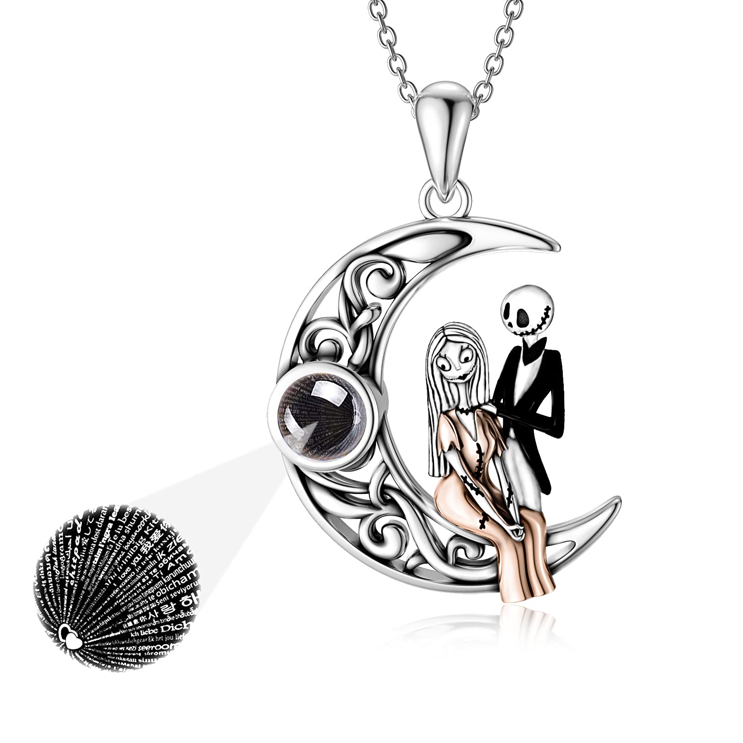 ONEFINITY Jack And Sally Jewelry Nightmare Sterling Silver 100 Languages I Love You Pendant Necklace Moon Before Christmas Birthday Gifts for Women