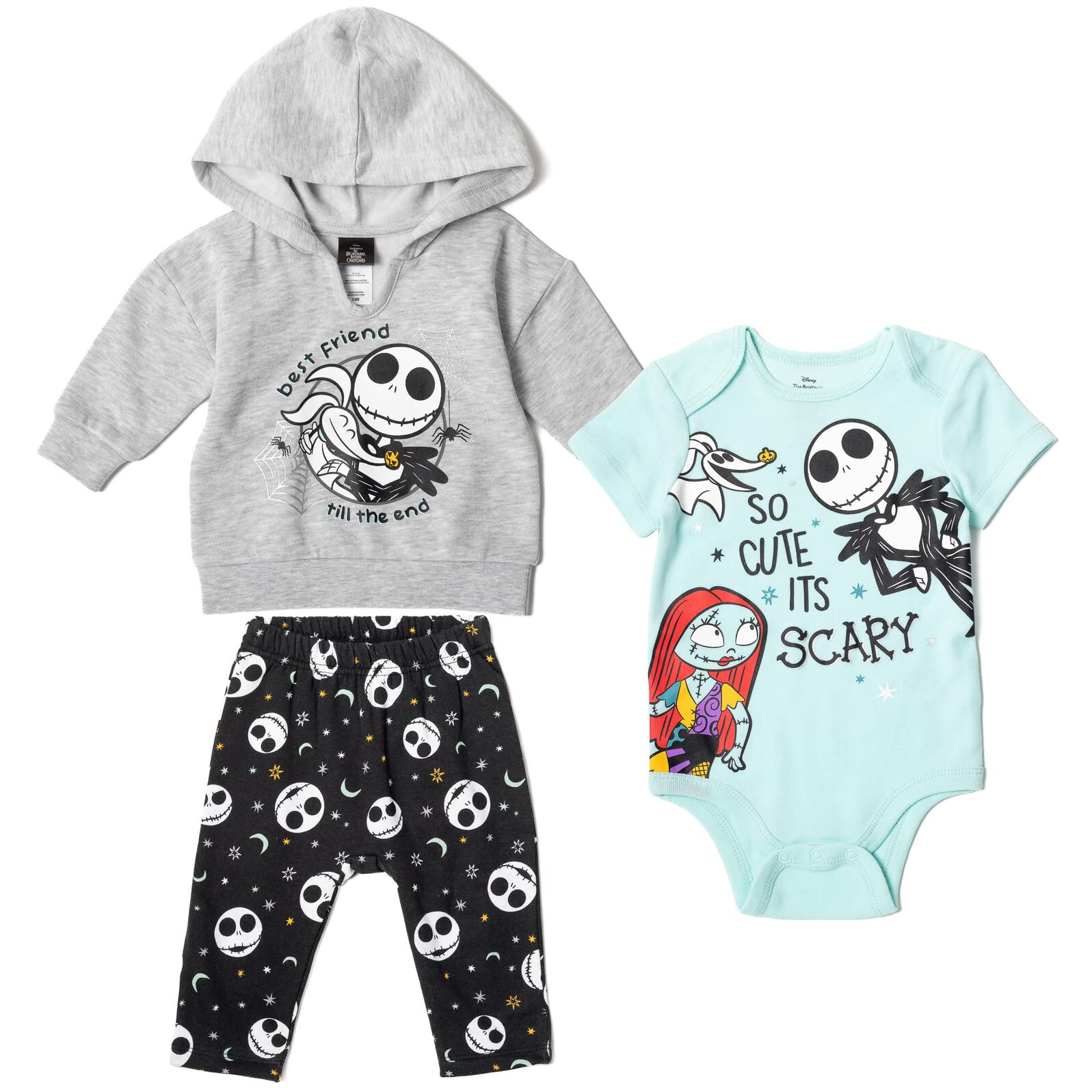 Disney Nightmare Before Christmas Newborn Baby Boy or Girl Fleece Hoodie Bodysuit and Pants 3 Piece Outfit Set 0-3 Months
