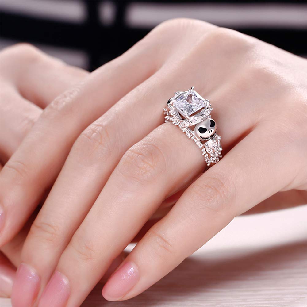 Jeulia Jack Skellington Rings Women Nightmare Before Christmas Skull Rings 925 Sterling Silver Princess Cut Band Ring Anniversary Promise Romantic for Her Teen Girls(7)