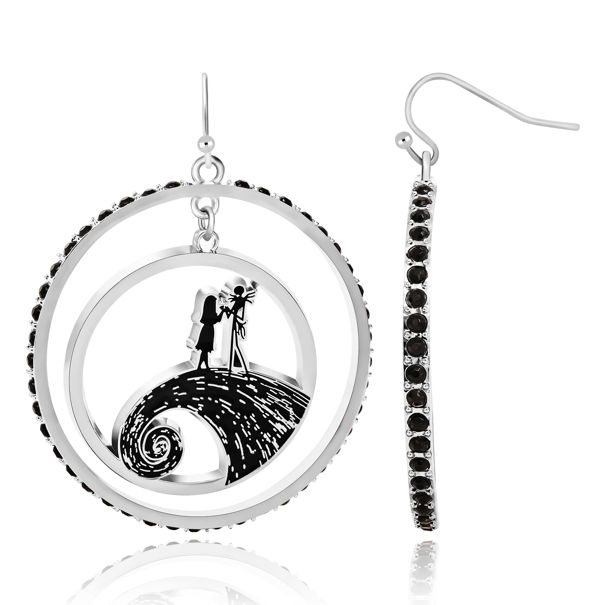Disney The Nightmare Before Christmas Womens Hoop Earrings - Jack and Sally Double Circle Earrings with Black Crystals - Nightmare Before Christmas Jewelry