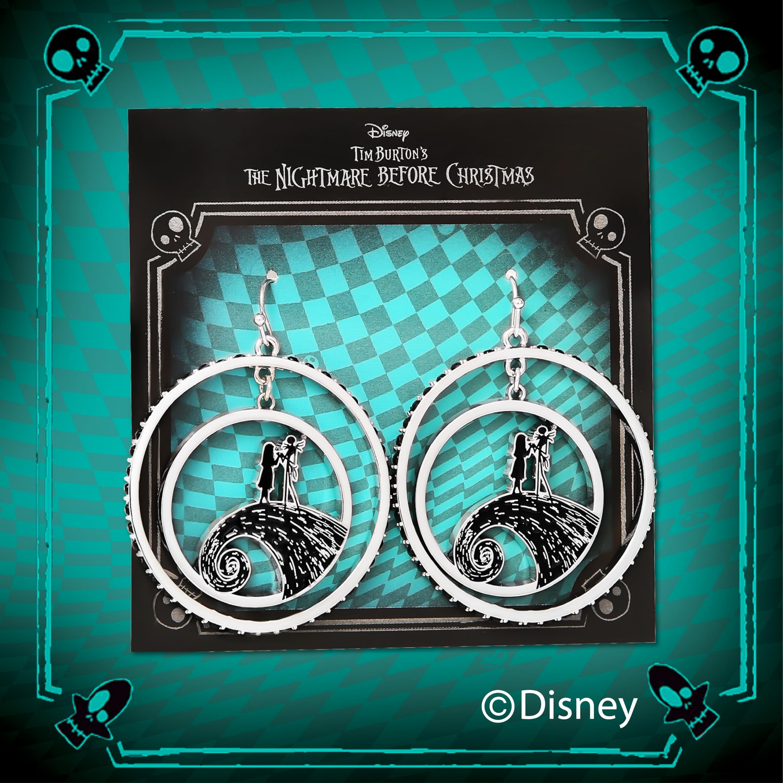 Disney The Nightmare Before Christmas Womens Hoop Earrings - Jack and Sally Double Circle Earrings with Black Crystals - Nightmare Before Christmas Jewelry