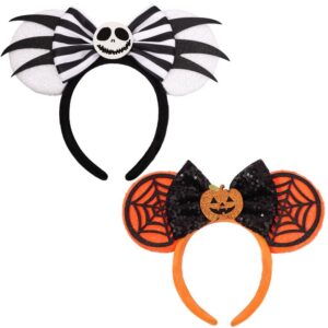 unspaz halloween mouse ears headband, 2 pcs halloween ears pumpkin and jack halloween headband for adults women kids, halloween accessories